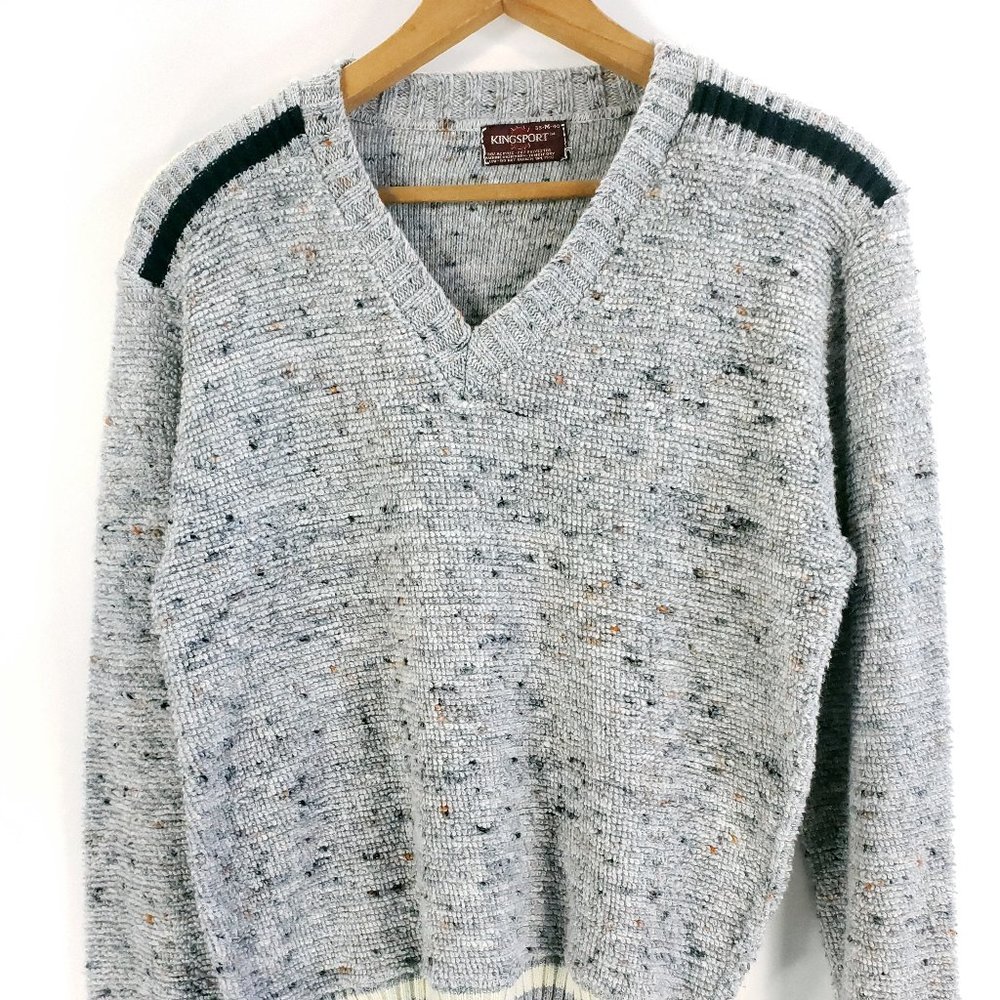 Vtg Kingsport Sweater Men's Medium Gray White Black Long Sleeve Pullover